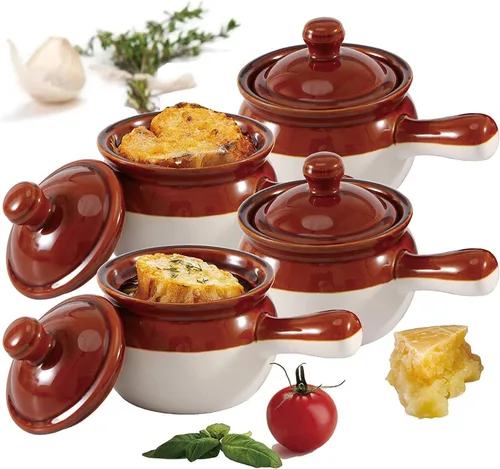 Vista 5 de Cuencos individuales de sopa de cebolla francesa con asas y tapas, cerámica de 16 onzas, paquete de 4