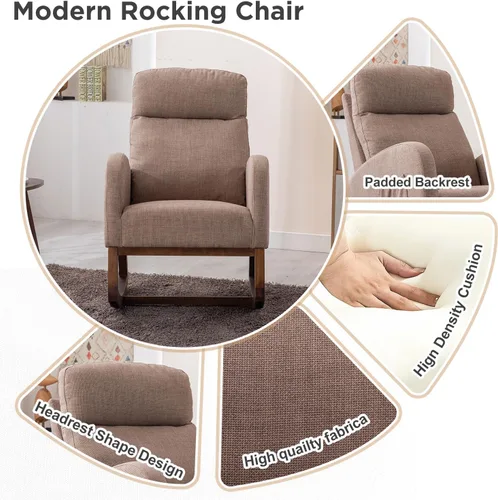 Vista 4 de Mecedora moderna, silla mecedora tapizada para bebé, cómoda silla con bolsillo lateral, sillón para sala de estar, respaldo alto con diseño