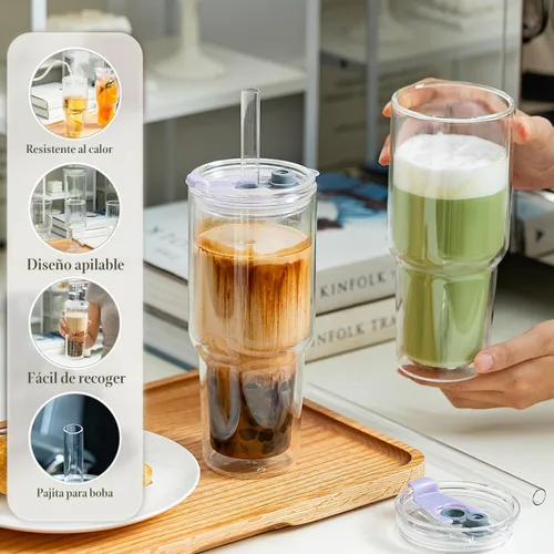 Vista 5 de KEMORELA Juego de 2 vasos de vidrio de doble pared de 28 onzas, popotes reutilizables extra anchos de 0.512 in, vaso Boba, vasos de agua de boca
