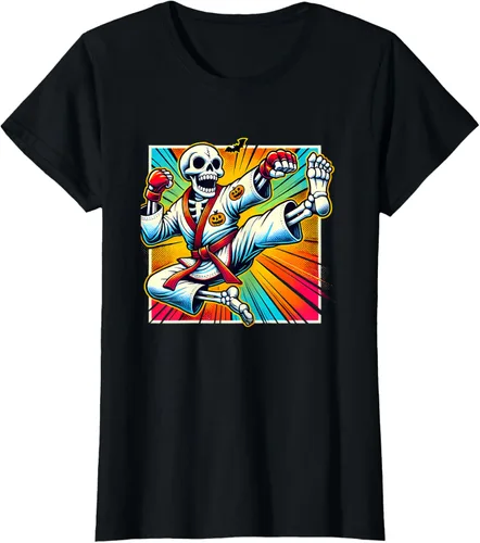 Vista 6 de Halloween Skeleton Karate T-Shirt Negro
