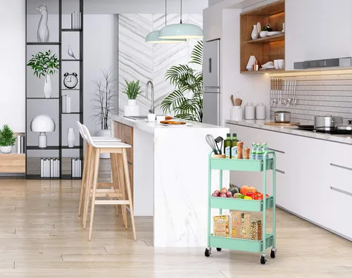 Vista 5 de CAXXA Organizador de almacenamiento de metal con ruedas de 3 niveles, carrito de utilidad móvil, carrito de cocina con ruedas giratorias