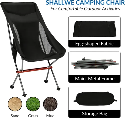 Vista 3 de SHALLWE Camping Chairs, All Aluminum Frame Portable Folding Camp Chair for Adults, Heavy Duty High Back Collapsible with Built-in Pillow, Side