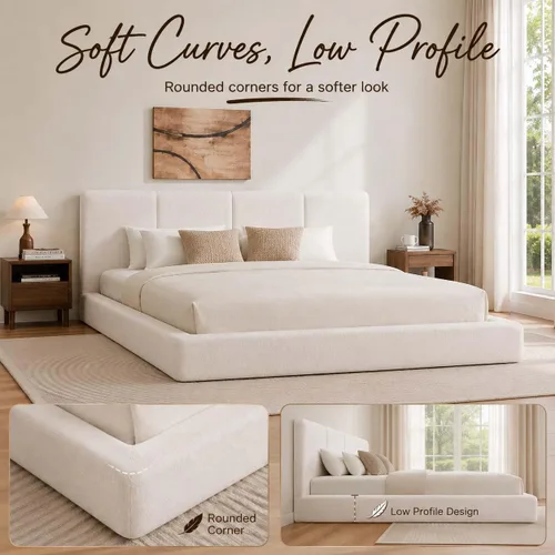 Vista 5 de Anwick Marco de cama King Cloud con cabecero, plataforma tapizada Blanco crema