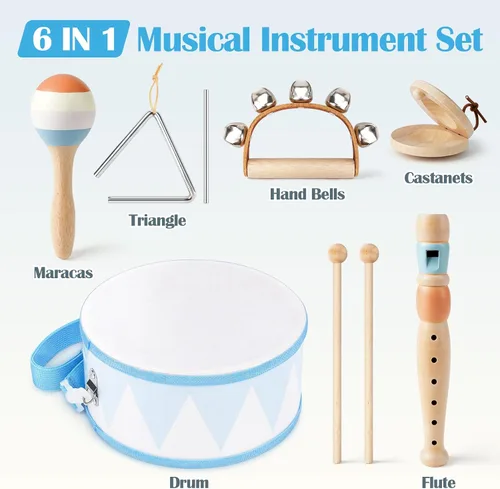 Vista 2 de Juego de batería para niños - Juguetes para niños de 2 y 3 años, regalos de cumpleaños para niños - Instrumentos musicales Montessori de madera