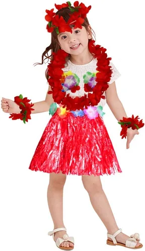 Vista 5 de Fighting to Achieve Conjunto de disfraz de falda de hierba roja hawaiana de 11.8 in para niñas