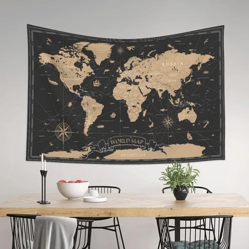 Vista 7 de MOUNDHONG Tapiz negro retro con mapa del mundo para colgar en la pared, tapiz de arte retro para pared, tapices de pared grandes para dormitorio