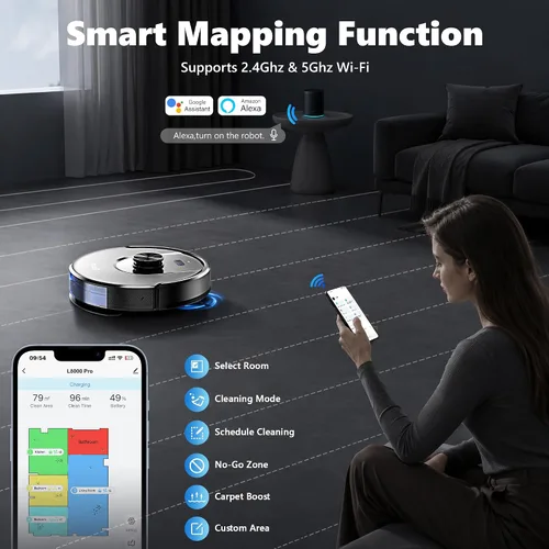 Vista 5 de Tikom Robot Aspirador y fregona Combo, 6000Pa Aspirador Robótico Automático Pitch Black