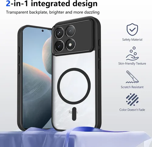Vista 395 de Funda magnética transparente compatible con Xiaomi 17T, color negro 2 en 1 PC + TPU cubierta de teléfono a prueba de golpes, carcasa protectora