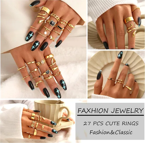 Vista 3 de FAXHION Juego de 27 anillos dorados para nudillos para mujeres y niñas, anillos de dedo de serpiente bohemios apilables vintage, paquete de anillos