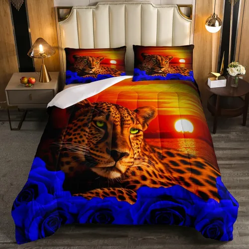 Vista 31 de Erosebridal Juego de ropa de cama de guepardo con rosa azul, juego de edredón con estampado de leopardo y gato, edredón romántico de plumón