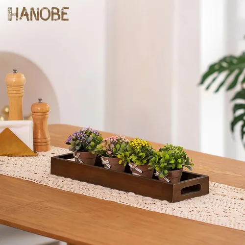 Vista 8 de Hanobe Bandeja de servir decorativa de madera rústica, marrón, rectangular, 16 pulgadas x 4.7 pulgadas x 1.7 pulgadas Bandeja de madera rústica
