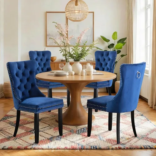 Vista 58 de Juego de 2 sillas de comedor de terciopelo con patas de madera, color beige Mid Century Modern Dining Chairs,Upholstered Chairs with Nailhead
