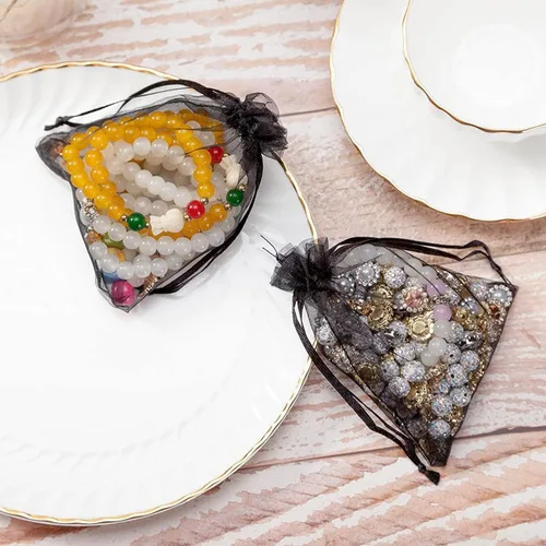 Vista 7 de 50 bolsas de organza con cordón de regalo para joyas, tela transparente de malla de 4 x 6 pulgadas, organizador de red negra, sobres geniales