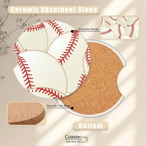 Vista 5 de Posavasos de béisbol para portavasos de automóvil de cerámica absorbente, paquete de 2 unidades, antideslizantes, accesorios interiores de automóvil