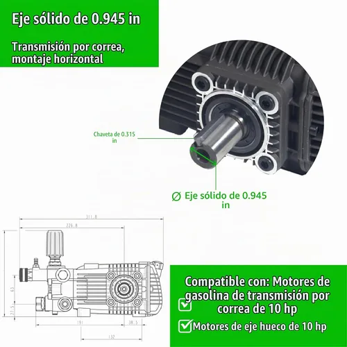 Vista 3 de CANPUMP CE 3650 S: Bomba de lavado a presión de 3600 psi a 5 gpm EE. UU. con transmisión por correa, descargable externa, eje sólido de 24 mm, bomba