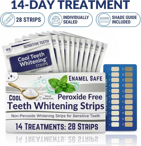 Vista 4 de Tiras blanqueadoras de dientes para dientes sensibles, sin peróxido, 28 unidades 14 días Tiras blanqueadoras de dientes a base de plantas, cuidado