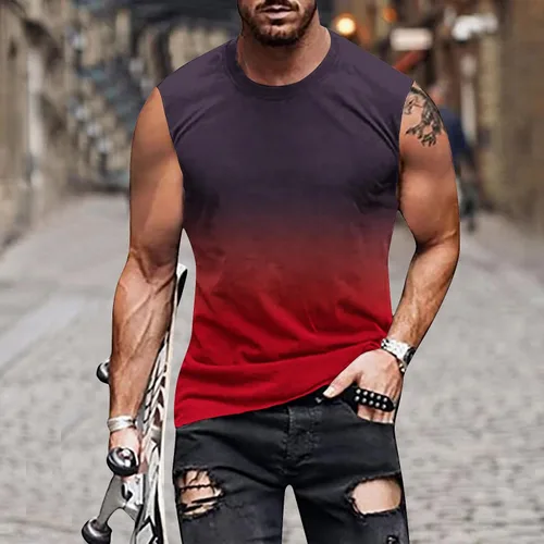 Vista 2 de Camisas hawaianas para hombre, ajuste clásico, cuello redondo, sin mangas, color degradado, camiseta sin mangas para verano, camiseta muscular casual