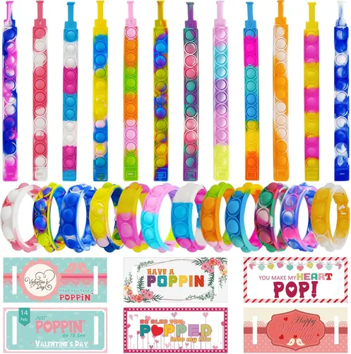 Vista 3 de 24 pulseras para el día de San Valentín con 24 tarjetas, juguetes para ansiedad de burbujas multicolor para la escuela, pulsera Pop Fidget Fidget