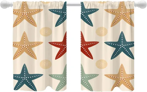 Vista 26 de Shrahala Beach Scenery Blackout Curtain Tiers, Coastal Landscape Kitchen Valance Light Blocking Tier Drapes with Rod Pocket, 2 Pack 26 X 24 in Blue1