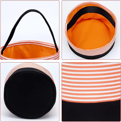 Vista 2 de Cesta de dulces de Halloween, bolsas de dulce o truco, cubos de dulces de Halloween, bolsas de regalo de tela, fiestas de Halloween (rayas naranjas)