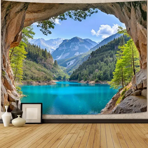 Vista 41 de Zussun Tapiz de Bosque Natural de Montaña Tapiz Verde de Pino Luz Solar Selva para Dormitorio Estético Planta Paisaje de Montaña Tapices Pequeños