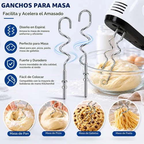 Vista 4 de Ganchos de masa KHM512 para batidora de mano, repuesto compatible con KitchenAid serie KHM/5KSM/KSM/KSMO/KSMH, accesorios de acero inoxidable
