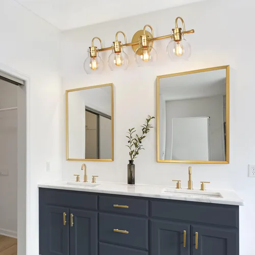 Vista 3 de KSANA Lámpara de tocador de baño, 4 luces de 28.5 pulgadas, grandes lámparas de baño doradas, modernas luces de tocador para baño con pantallas