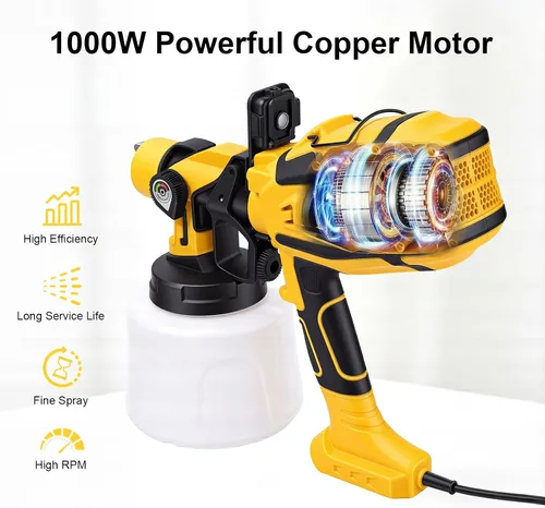 Vista 2 de Pulverizador de pintura: pistola eléctrica de pintura en aerosol HVLP de 1000 W con juntas de limpieza y soplado, contenedor de 47.3 fl oz, 6