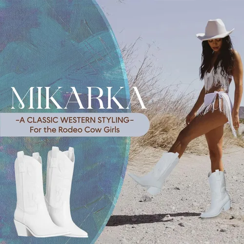 Vista 2 de Mikarka Botas vaqueras bordadas de media pantorrilla para mujer, botas vaqueras occidentales con puntera puntiaguda, botines de vaquero con grifos