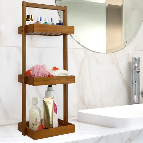 Vista 3 de Utoplike Tapete de baño de madera de teca de 3 niveles para ducha, 24 x 16 pulgadas