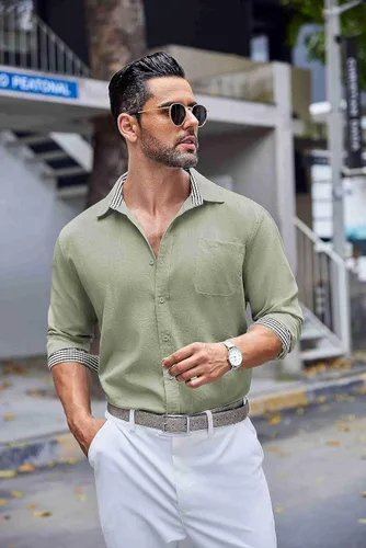 Vista 5 de COOFANDY Camisa de lino con botones para hombre, de manga larga, informal, para playa, con bolsillo