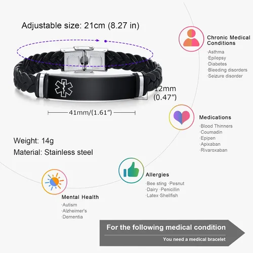 Vista 6 de MEALGUET Pulseras médicas personalizadas para hombres: grabado gratuito de acero inoxidable negro y cuero trenzado pulsera de alerta médica