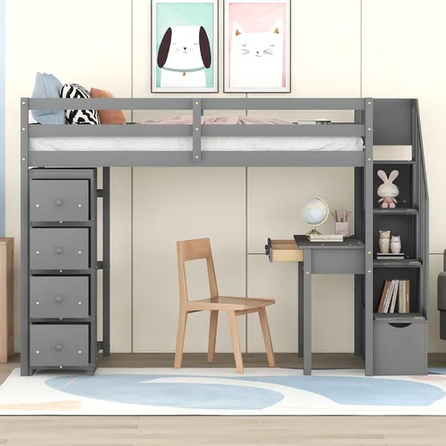Vista 3 de DEINPPA Cama tipo loft de tamaño individual con escritorio integrado y 5 cajones de almacenamiento, cama alta de madera con escaleras de Gris