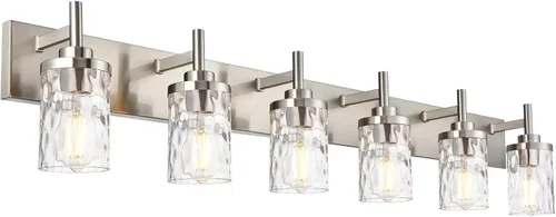 Vista 8 de Lámparas de tocador de baño, 3 luces, luces de tocador de baño de níquel cepillado con pantalla martillada transparente, iluminación moderna de baño