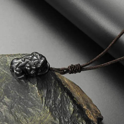 Vista 2 de Pixiu Pi Yao Colgante de obsidiana negra Feng Shui Amuleto Talismán Riqueza Lucky Feng Shui Colgante Collar, Obsidiana, Obsidiana