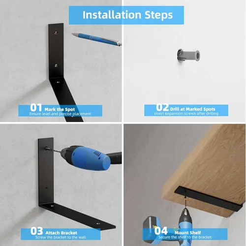 Vista 8 de Paquete de 6 soportes de estante negros resistentes de 6 pulgadas, soporte de estante L de 6 pulgadas para estantes flotantes, 1/5 pulgadas de grosor