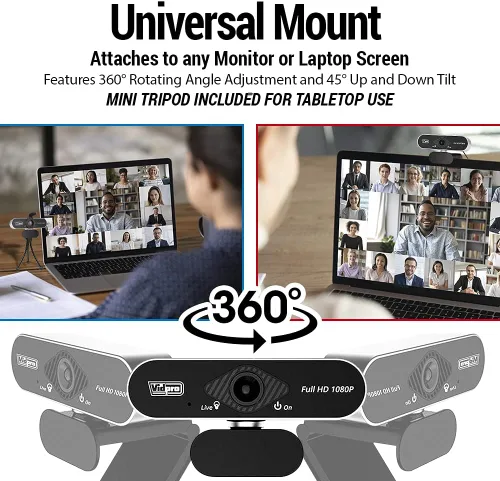Vista 6 de Vidpro Cámara web CM-HD 1080P Full HD con micrófono integrado y mini trípode, cámara web USB FOV de 85 grados con filtro de cancelación de ruido