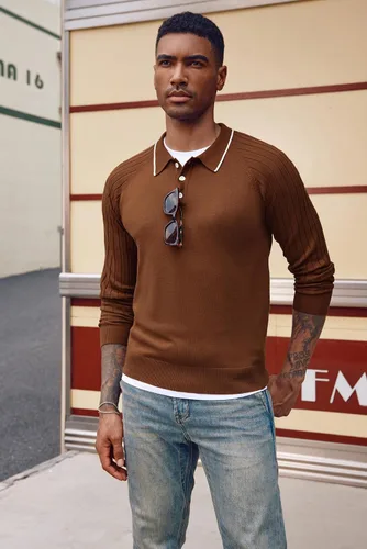 Vista 3 de PJ PAUL JONES Suéter tipo polo de punto con mangas raglán para hombre