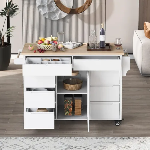 Vista 26 de Delicate Rolling Kitchen Island Cart with Rubber Wood Drop-Leaf Countertop and Lockable Rollers,Storage Cabinet and 2 Drawers,Sliding Barn Door