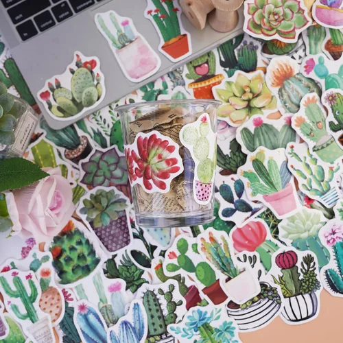 Vista 4 de Calcomanías de plantas verdes, 100 calcomanías de cactus, calcomanías de vinilo impermeables para laptop, patineta, Hydro Flask para computadora