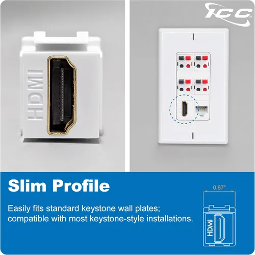 Vista 4 de ICC Conector Keystone HDMI de 90 grados, acoplador HDMI hembra a hembra, inserto de ángulo recto para placa de pared, estilo HD, blanco, individual