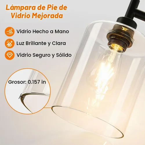Vista 5 de 【Actualizada】Lámpara de pie regulable para sala de estar con pantalla de vidrio, lámpara de pie industrial moderna negra con bombilla LED de 900LM