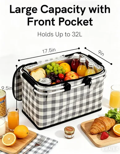 Vista 2 de Cesta de picnic aislada, bolsa enfriadora plegable, cesta de comestibles de 32 litros con tapa, 2 asas resistentes, cesta de almacenamiento