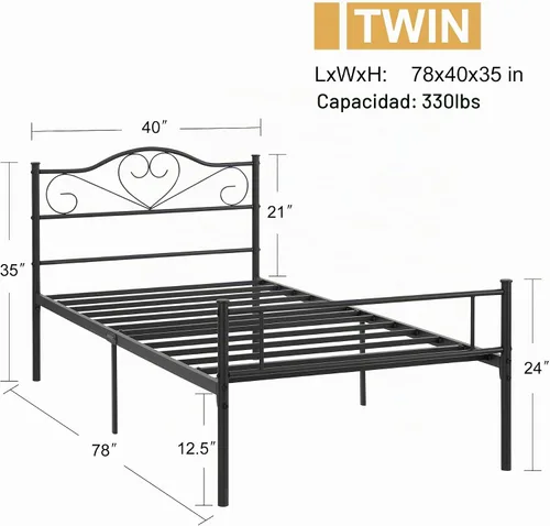 Vista 2 de VECELO Base de cama de plataforma de metal con cabecera y estribo, base de colchón de listones de acero, no necesita somier, individual, negro mate