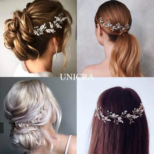 Vista 3 de Unicra Diadema larga con diamantes de imitación de cristal para mujeres y niñas (dorado)