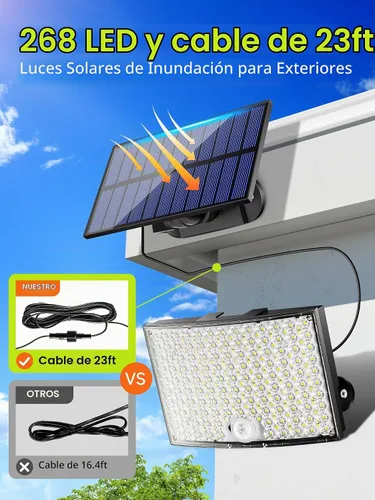 Vista 2 de Luces solares de inundación para exteriores, [3000 K color cálido/268LED/7M/5 modos/1 unidades] Luces solares de movimiento al aire libre