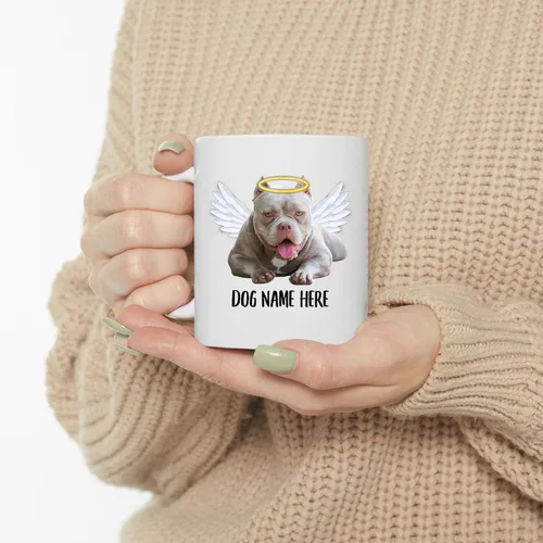 Vista 3 de Taza de café conmemorativa de alas de ángel americano con nombre personalizado, regalos de condolencias para los amantes de los perros, taza blanca