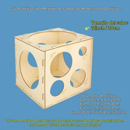 Vista 2 de Auihiay Cubo de madera plegable de 2 a 10 pulgadas (9 agujeros) Herramienta de medición de tamaño de globo para decoraciones de globos, arcos