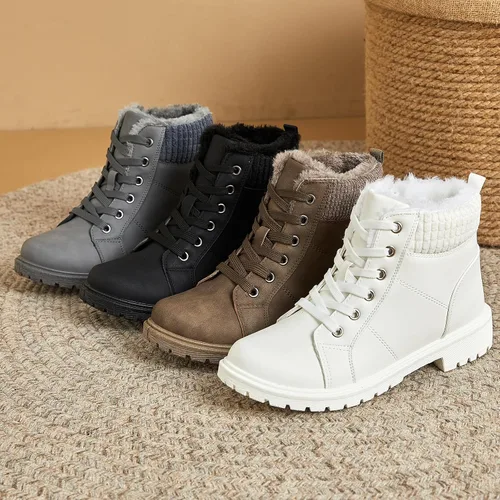 Vista 9 de Uoidru Botas de combate para mujer, botines de tobillo negro, botas de nieve de invierno, botas blancas con cordones, cómodas botas peludas