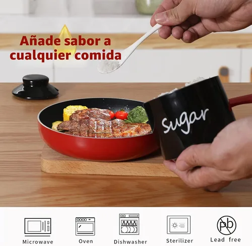 Vista 4 de ONTUBE Azucarero de cerámica con tapa y cuchara, tarro de azúcar de porcelana, 8oz (Negro) Porcelain, 8oz, white, lid & spoon, airtight